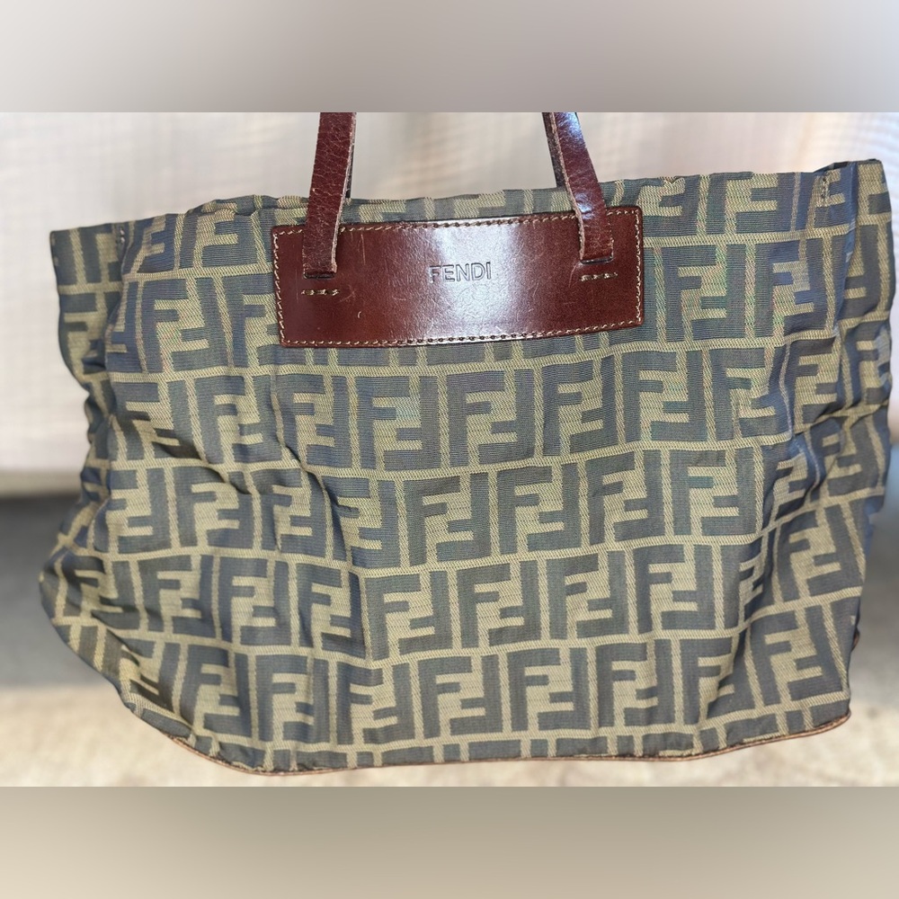 Fendi Canvas Tote Bag with Brown Leather Handles